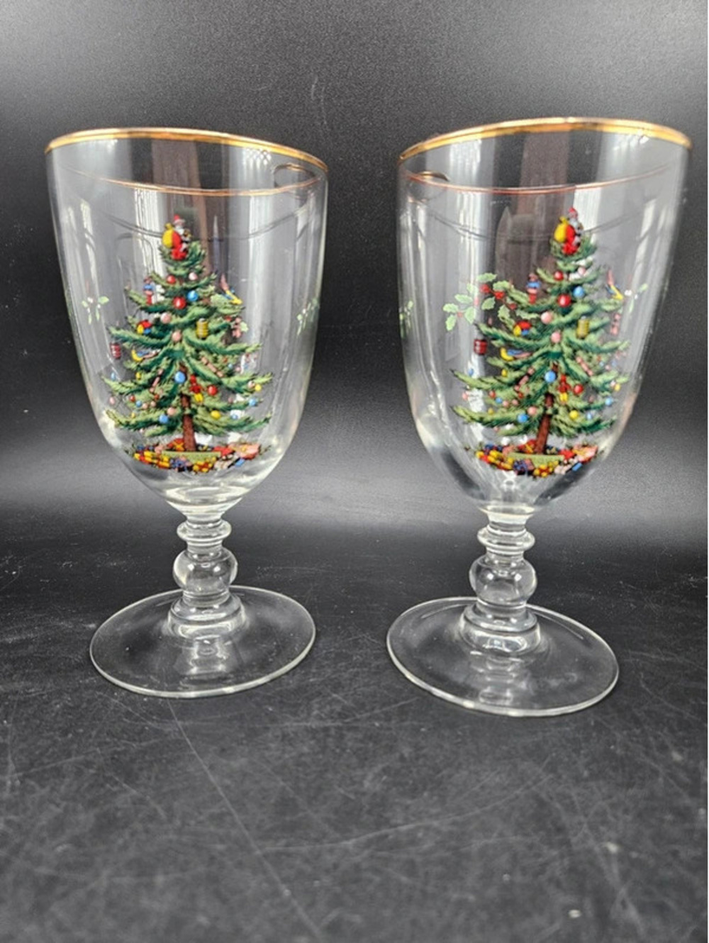 Spode Christmas Tree Gold Rim Water Goblets Set of 2 Holiday Stemware 8"